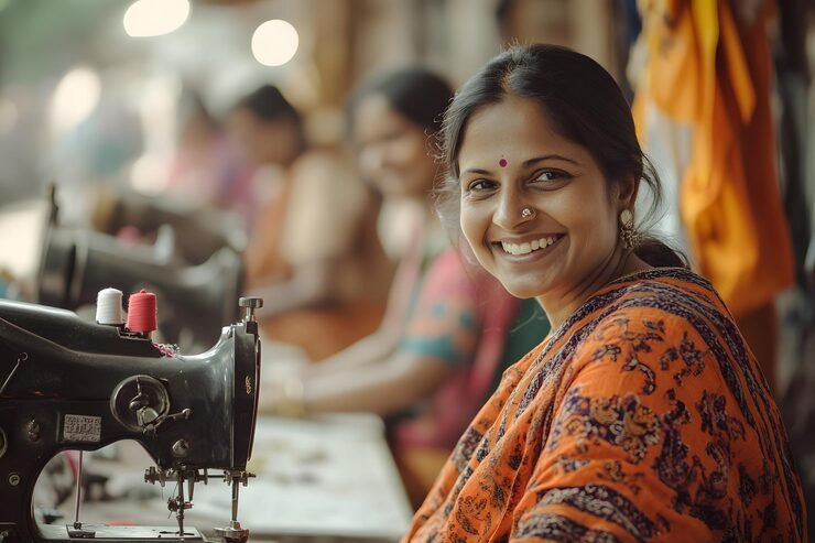 woman orange sari is sitting sewing machine 979520 165398